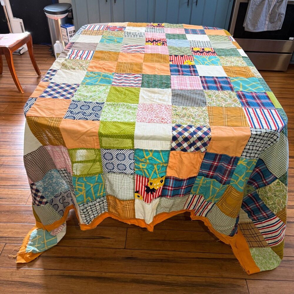 Multicolor Patchwork Quilt Top ONLY Vintage @ 98 x 98 Handmade Not Perfect *READ